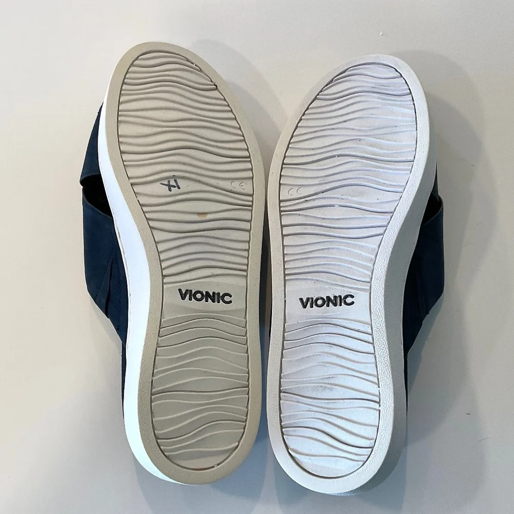 VIONIC Lou Leather Slide Platform Sandal Blue Size 7.5
